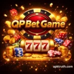 QP Bet Game logo with casino-style slot machine, poker chips, dice, and gold coins on a black theme background.