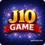 J10 Game logo with bold golden text and a red ribbon on a galaxy background