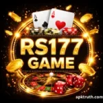 RS177 Game casino-themed black background with roulette, cards, chips, and golden lights.