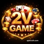 2V Game black theme casino style logo with golden text, poker cards, dice, chips, and coins