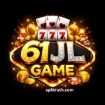 61JL Game logo in black casino theme with golden text, slot machine 777, playing cards, and coins