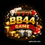 BB44 Game logo with casino elements including dice, poker chips, cards, and slot machine, black theme with golden highlights