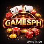 GAMESPH Game logo with golden 3D letters, casino elements like poker chips, dice, playing cards, and roulette wheel on a black background.