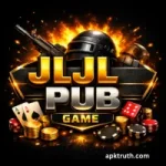 JLJL PUB Game icon with black theme showing military helmet, rifle, casino elements, and fiery background