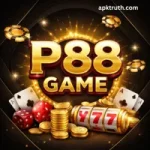 P88 Game black theme casino-style icon with golden logo, slot machine, dice, and coins on a dark background