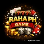 Raha PH Game logo with casino elements including slot machine, poker chips, dice, playing cards, and gold coins, black and gold theme